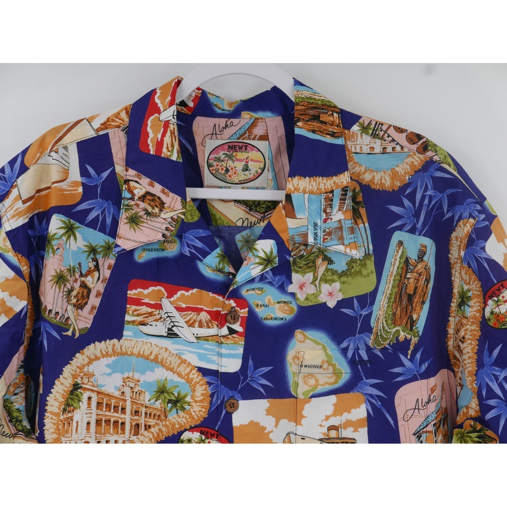 Newt at the Royal Honolulu Hawaii Postcard Print Cotton Aloha Shirt Mens XL Blue